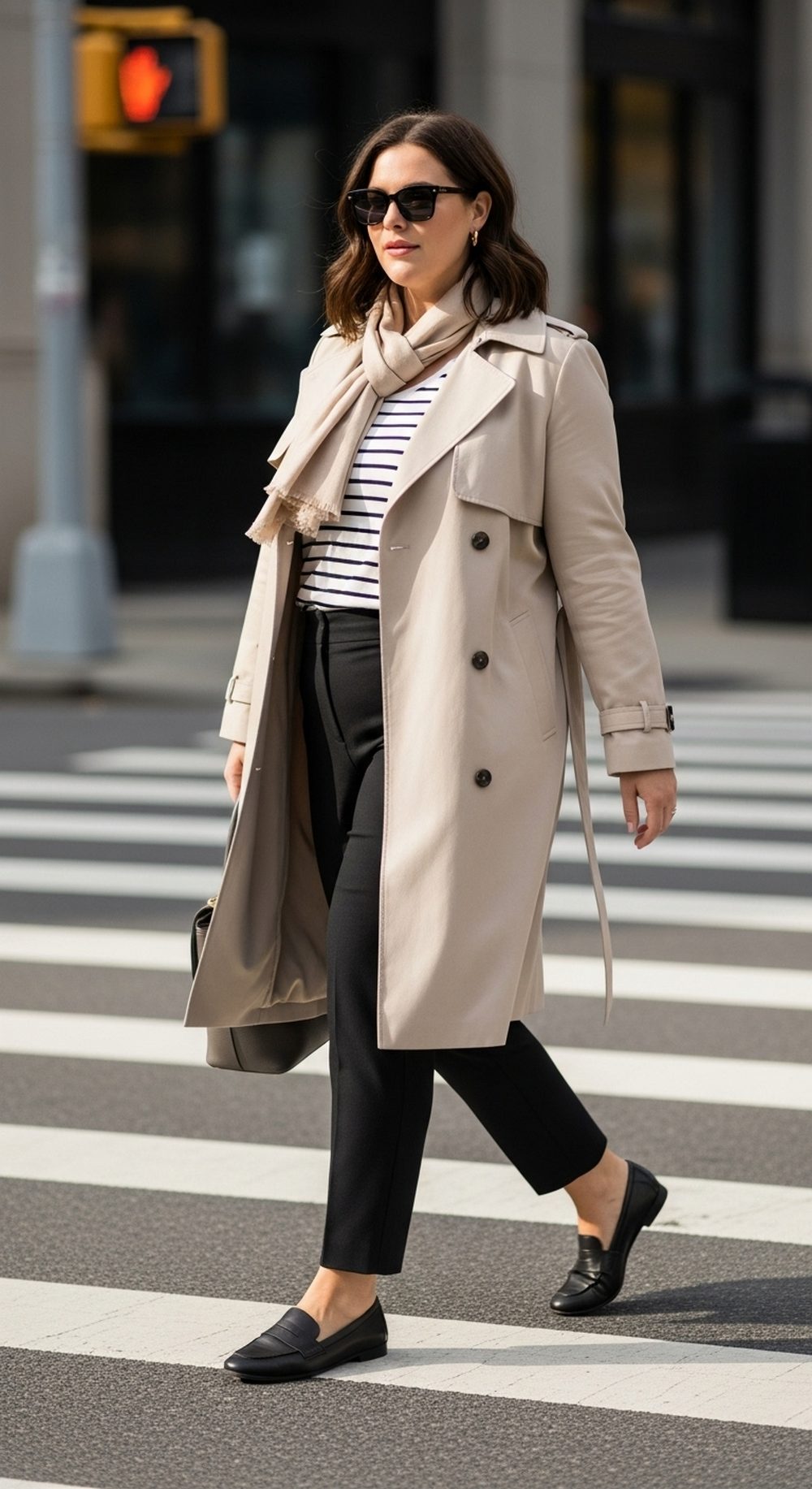 Trench Coat with Breton Top and Black Pants