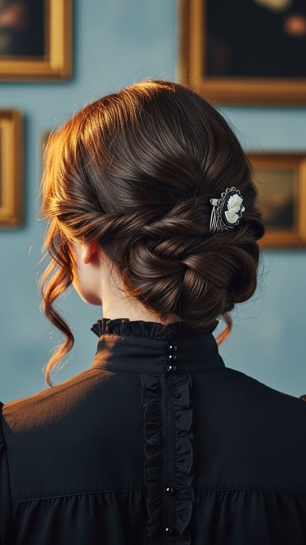 Victorian Inspired Low Updo with Loose Tendrils