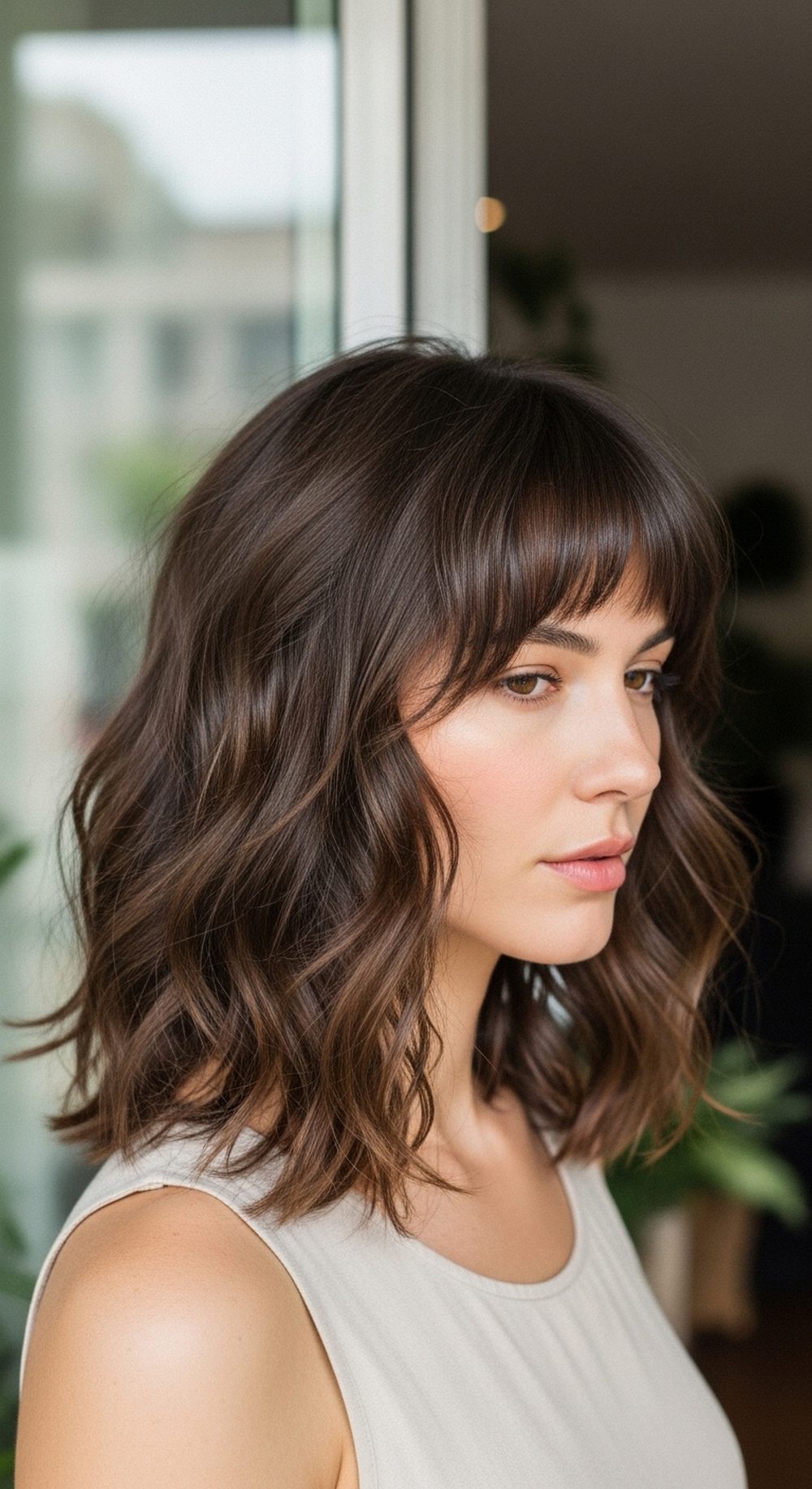 Wavy Soft Wolf Cut with Bottleneck Bangs