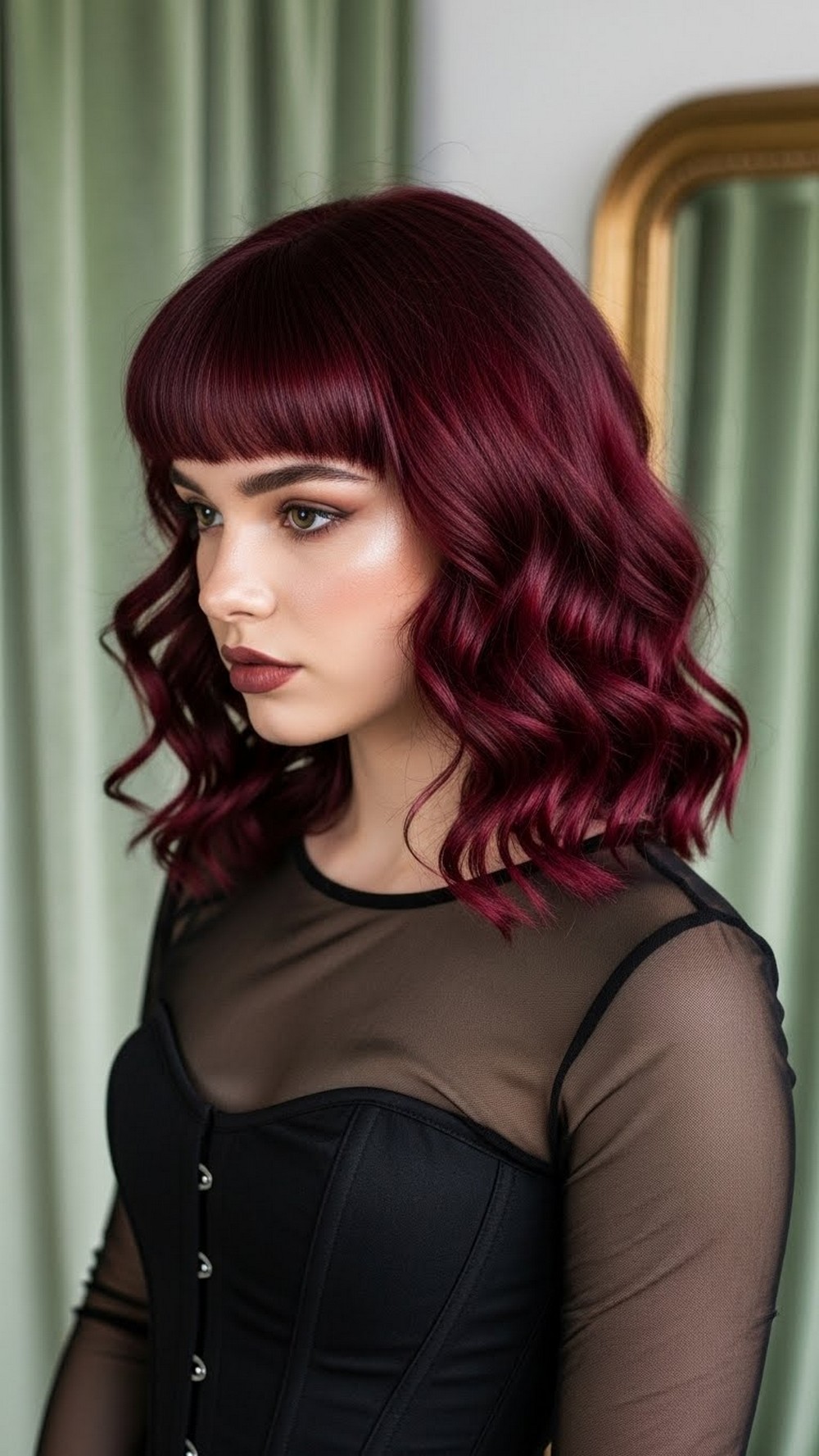 Wine Red Curls with Wispy Bangs